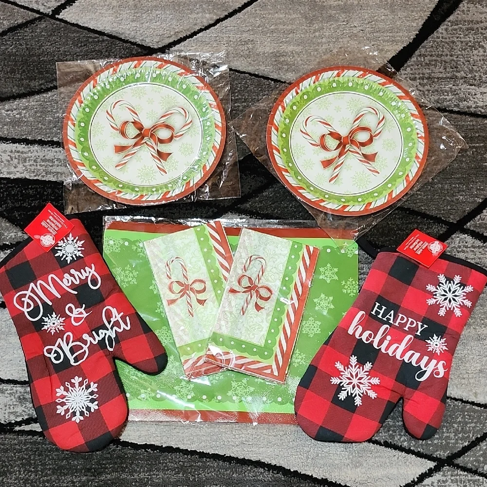 CHRISTMAS THEMED DISPOSABLE TABLEWEAR & PLAID POT HOLDERS BUNDLE PRICE FIRM